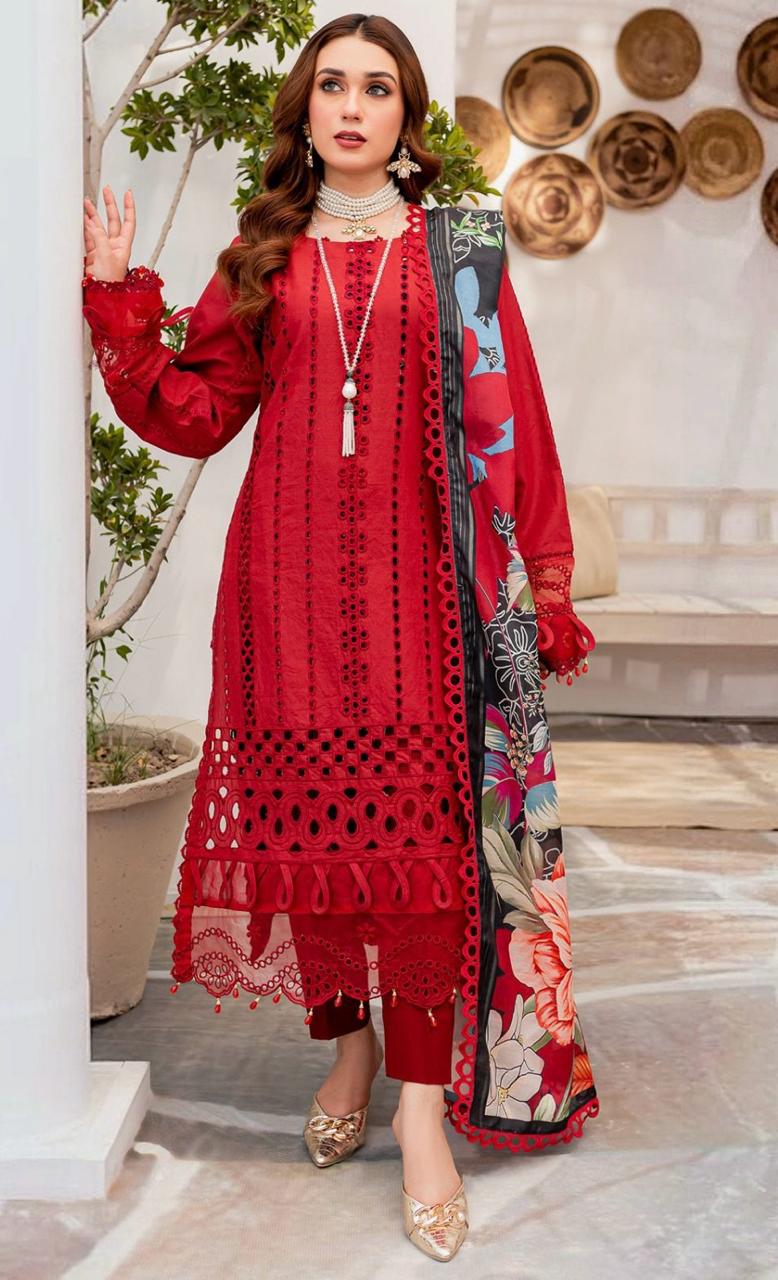 MARIA B - 3PC LAWN CHIKANKARI EMBROIDERED SHIRT WITH COTTON SILK PRIN DUPATTA -PFS- 516