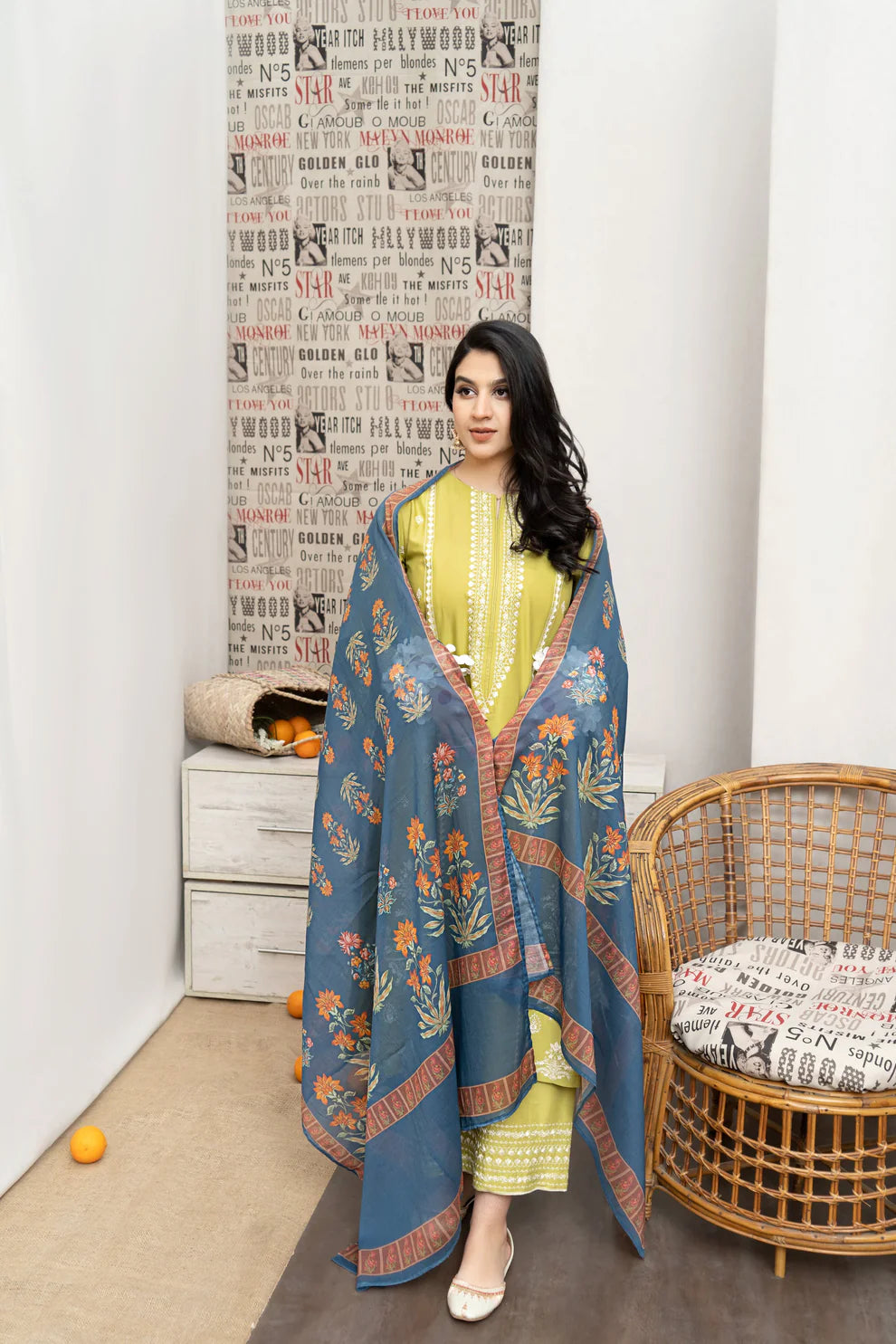 URGE - 3PC LAWN EMBROIDERED SHIRT WITH DIAMOND PRINTED DUPATTA AND EMB TROUSER-PFS-561