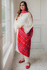 MARIA-B-LAWN CHICKANKARI EMBROIDERED SHIRT WITH CHUNRI PRINT DUPATTA AND TROUSER -PFS-545