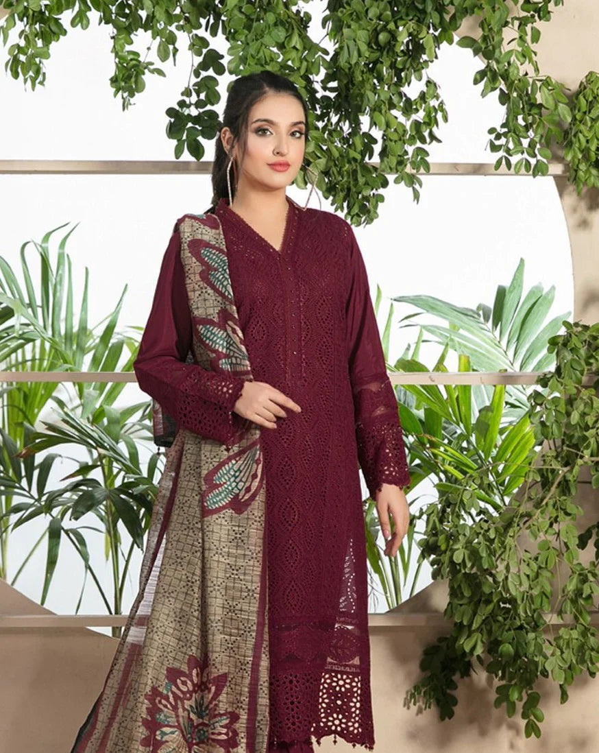 MARIA B - 3PC LAWN CHIKANKARI EMBROIDERED SHIRT WITH COTTON SILK PRIN DUPATTA -PFS- 514