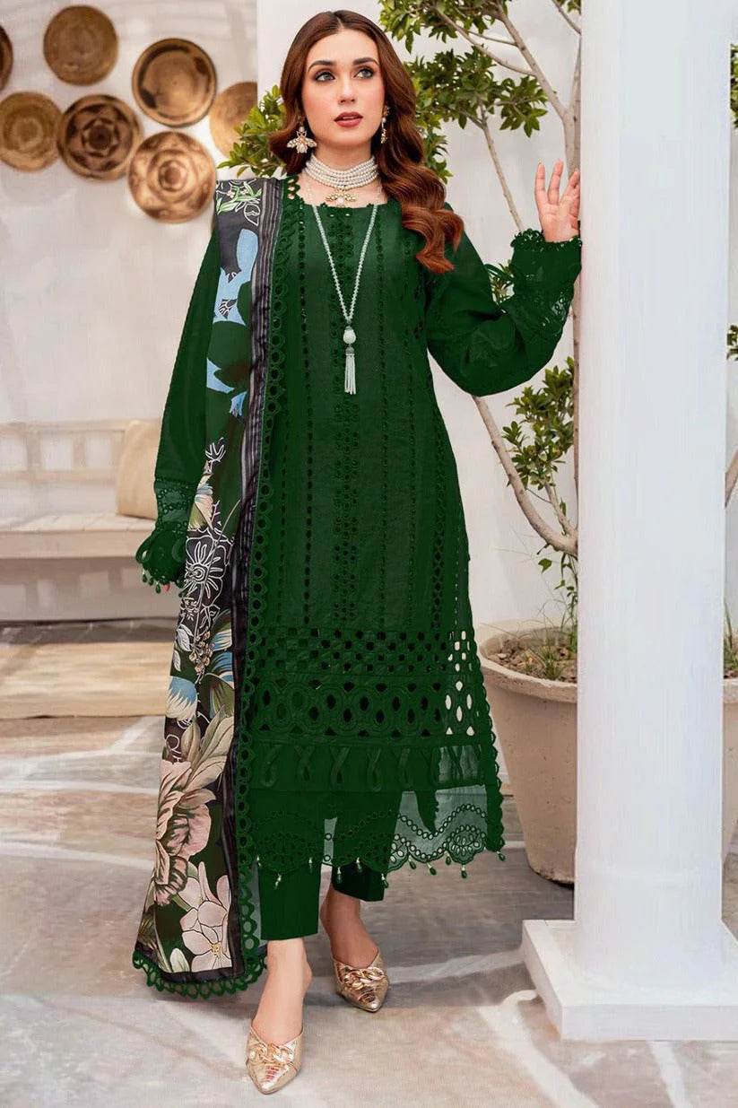 MARIA B - 3PC LAWN CHIKANKARI EMBROIDERED SHIRT WITH COTTON SILK PRIN DUPATTA -PFS- 515